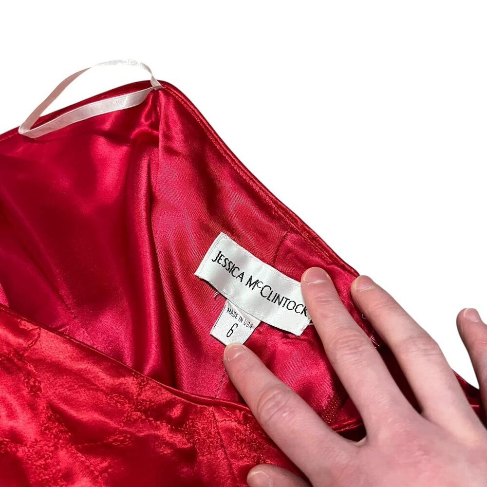 VTG Y2K Jessica McClintock Shiny Satin Red Floral Embroidered Strapless Dress 6 - Picture 7 of 8